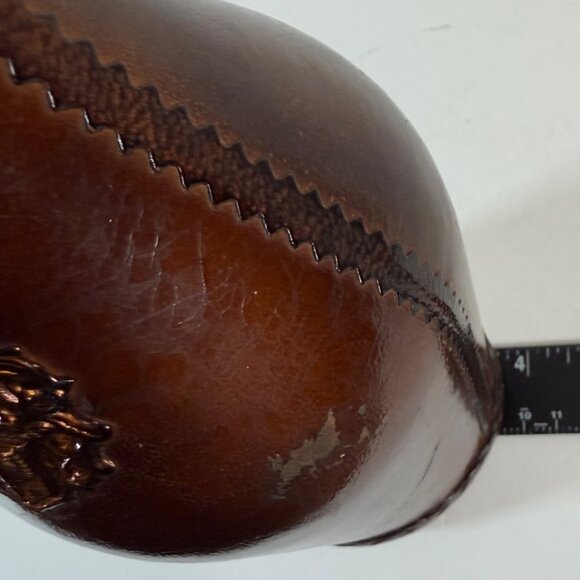 Decorative Leather Wrapped Bottle Decanter Brown Ornate Crest Vintage Home Decor - Picture 11 of 16